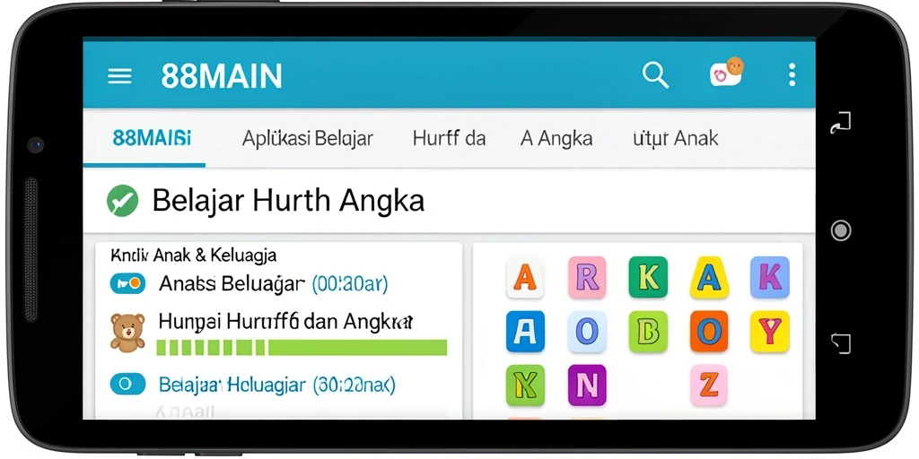 Antarmuka aplikasi 88MAIN yang ramah anak untuk belajar huruf dan angka.