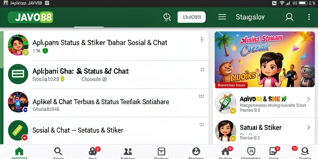Tampilan antarmuka aplikasi JAVO88 yang intuitif untuk Status & Stiker.