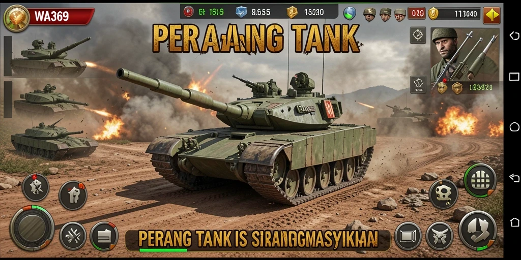 Antarmuka utama WA369 dengan tank dan medan perang yang menarik.